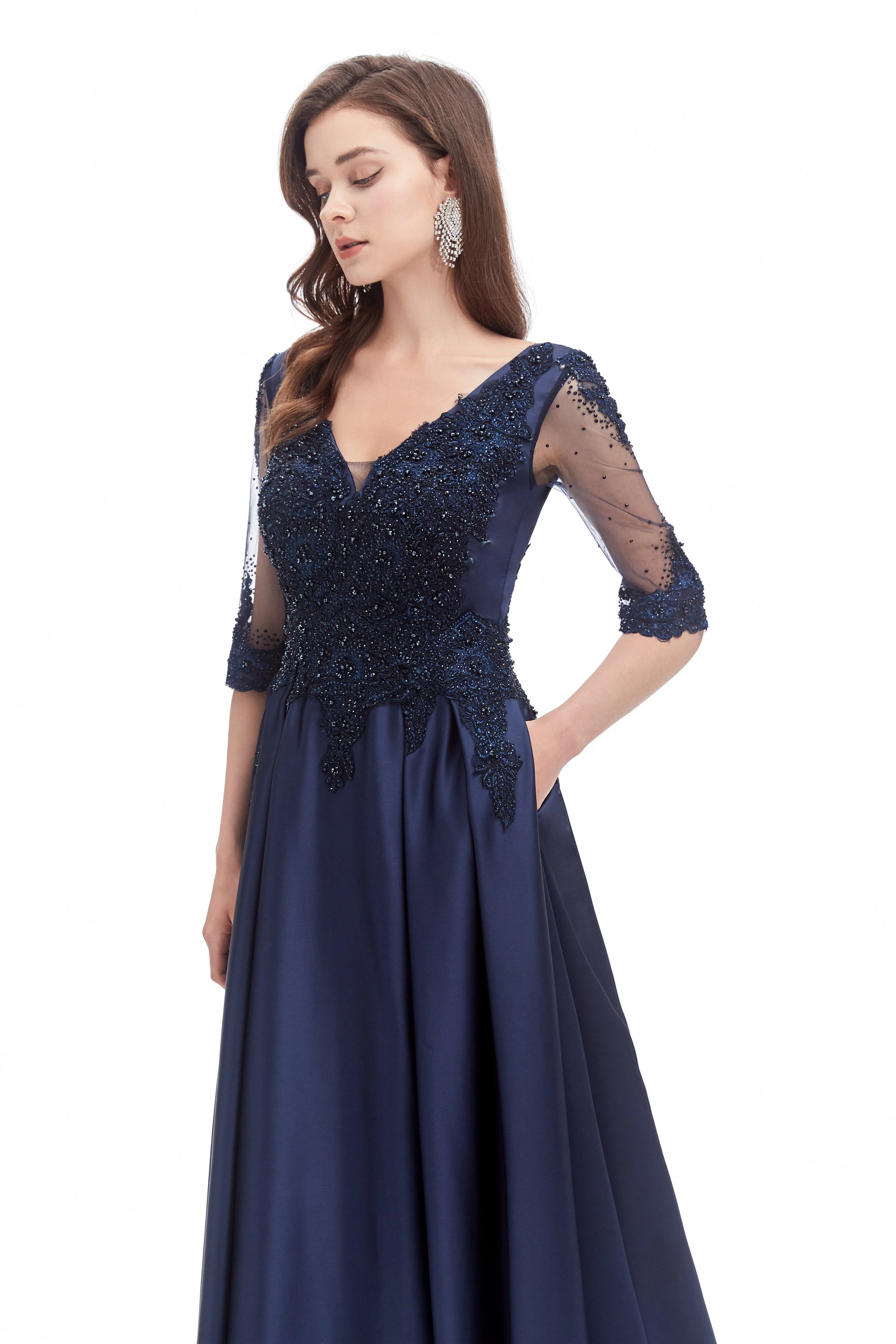 Mermaid V-neck Sequined Beaded Floor-length Half Sleeves Appliques Lace Prom Dress - Image 7
