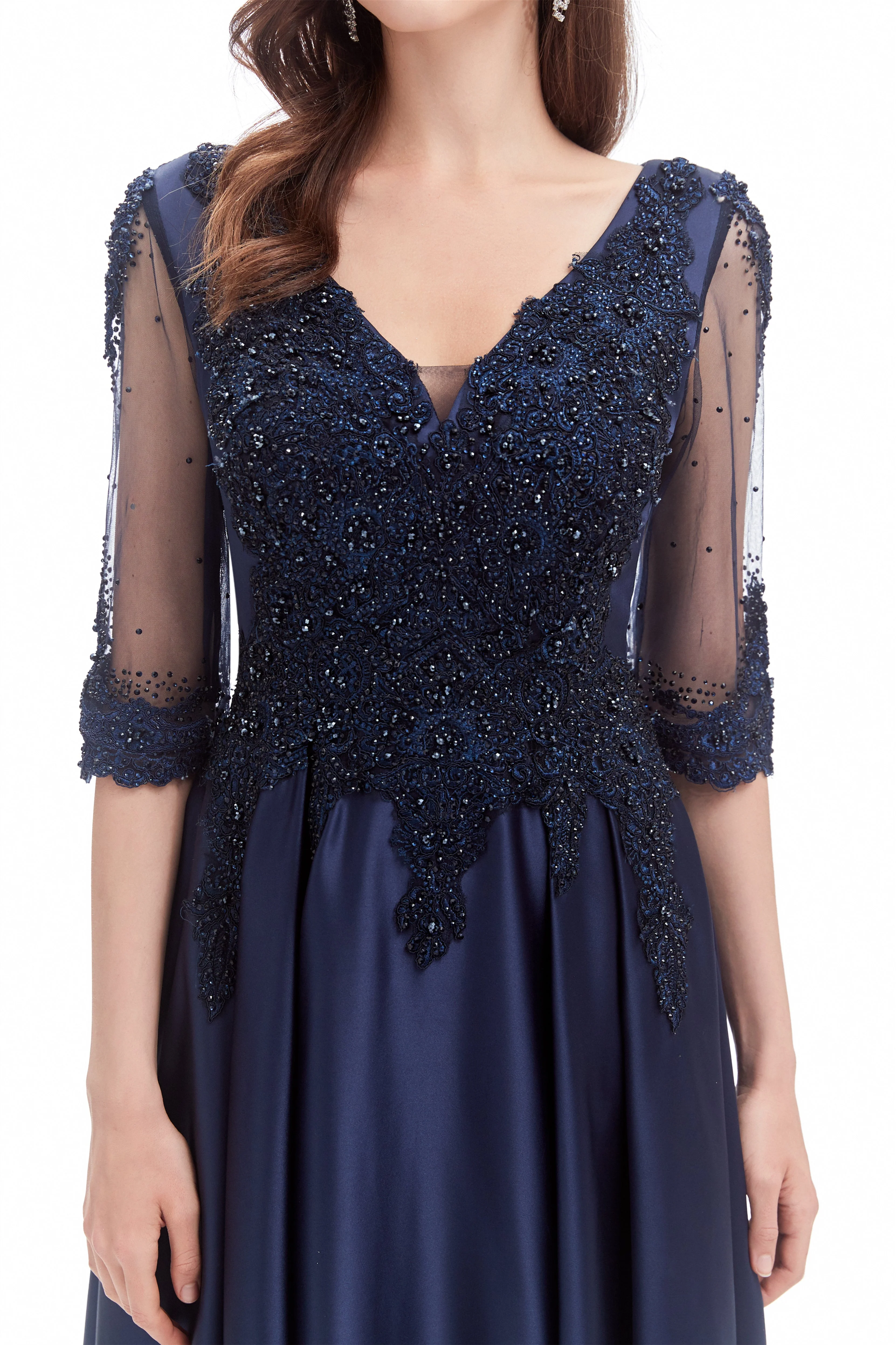 Mermaid V-neck Sequined Beaded Floor-length Half Sleeves Appliques Lace Prom Dress - Image 9
