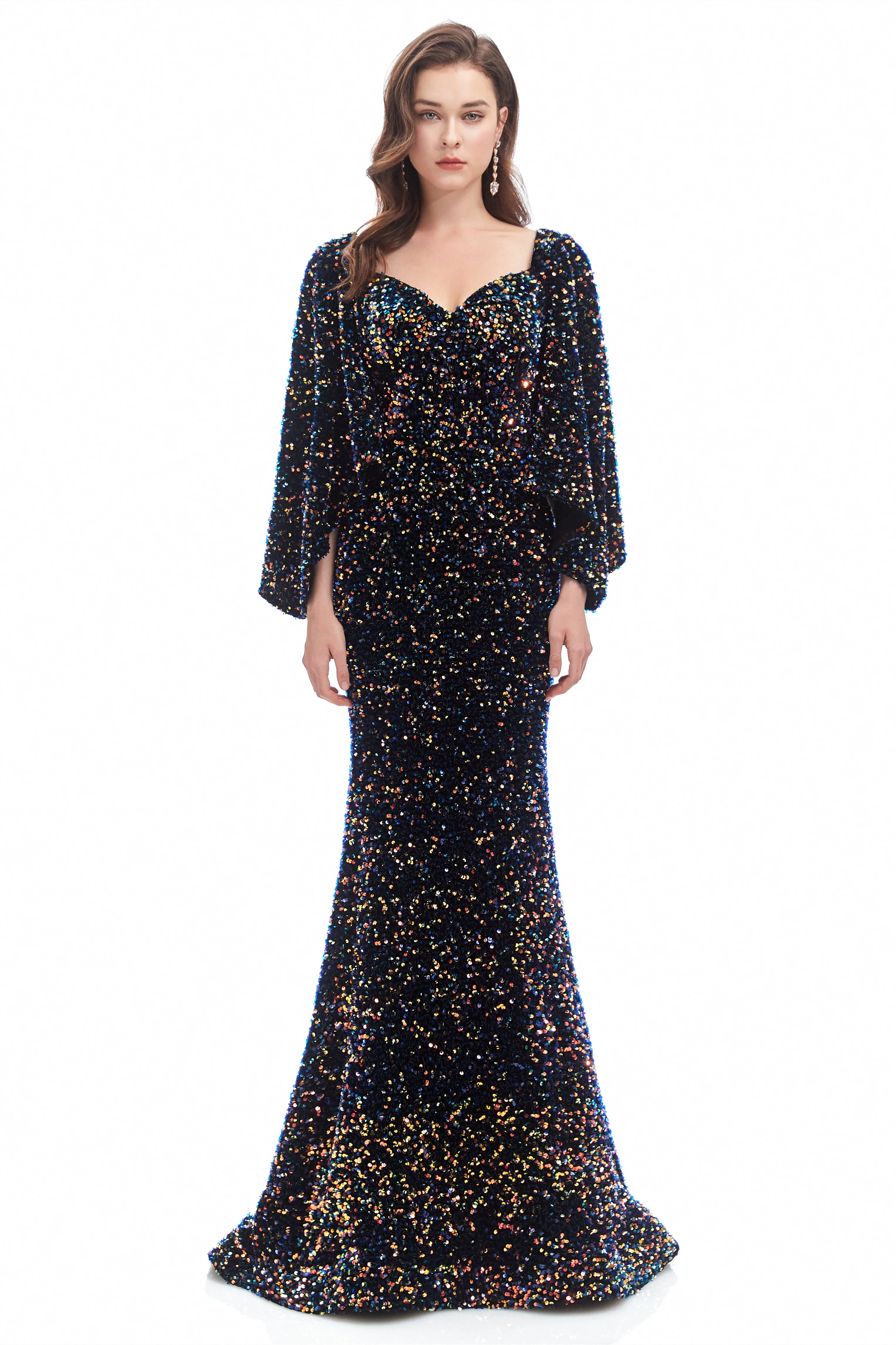 Mermaid V-neck Sequined Floor-length Long Sleeve Prom Dress - Image 3