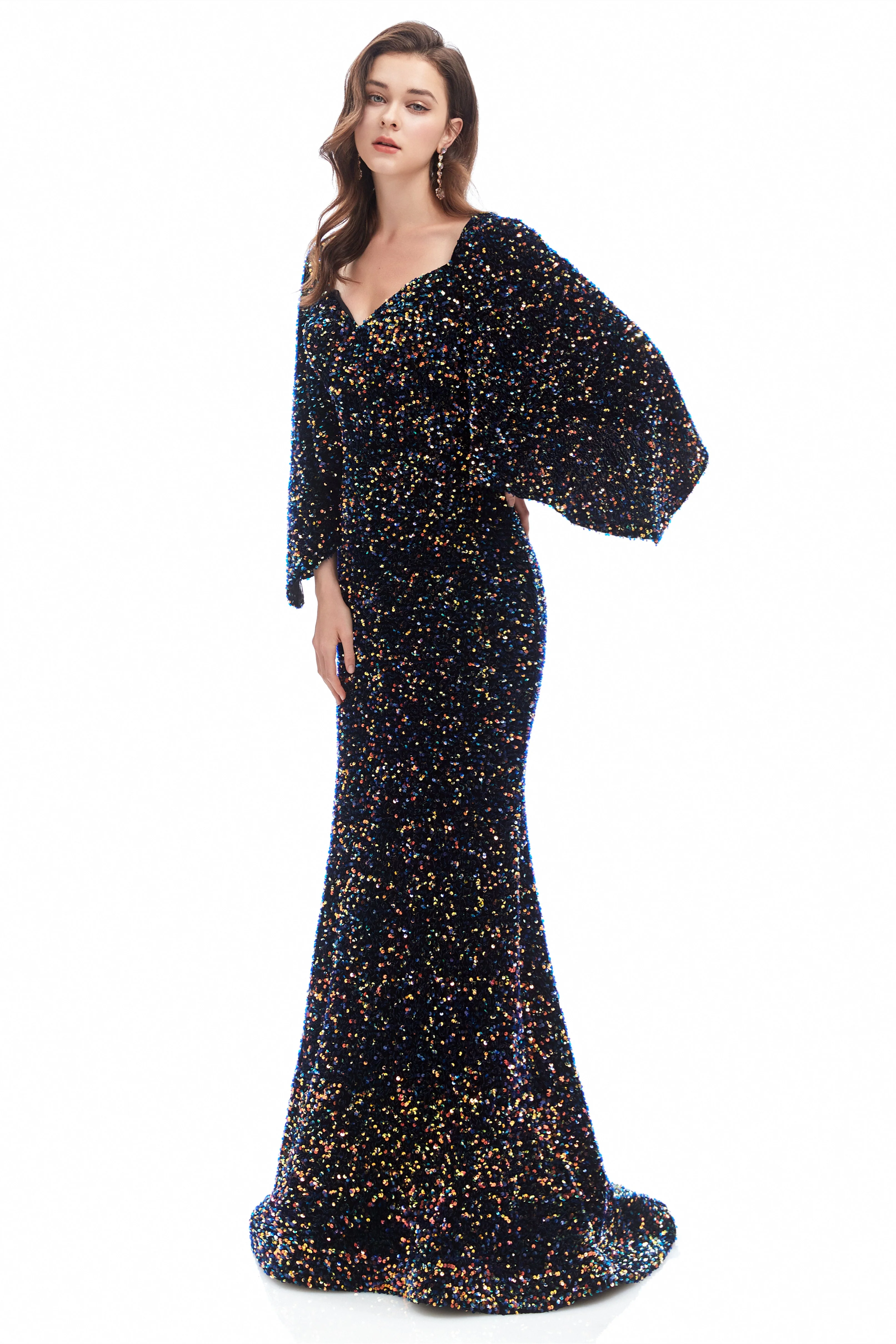 Mermaid V-neck Sequined Floor-length Long Sleeve Prom Dress - Image 5