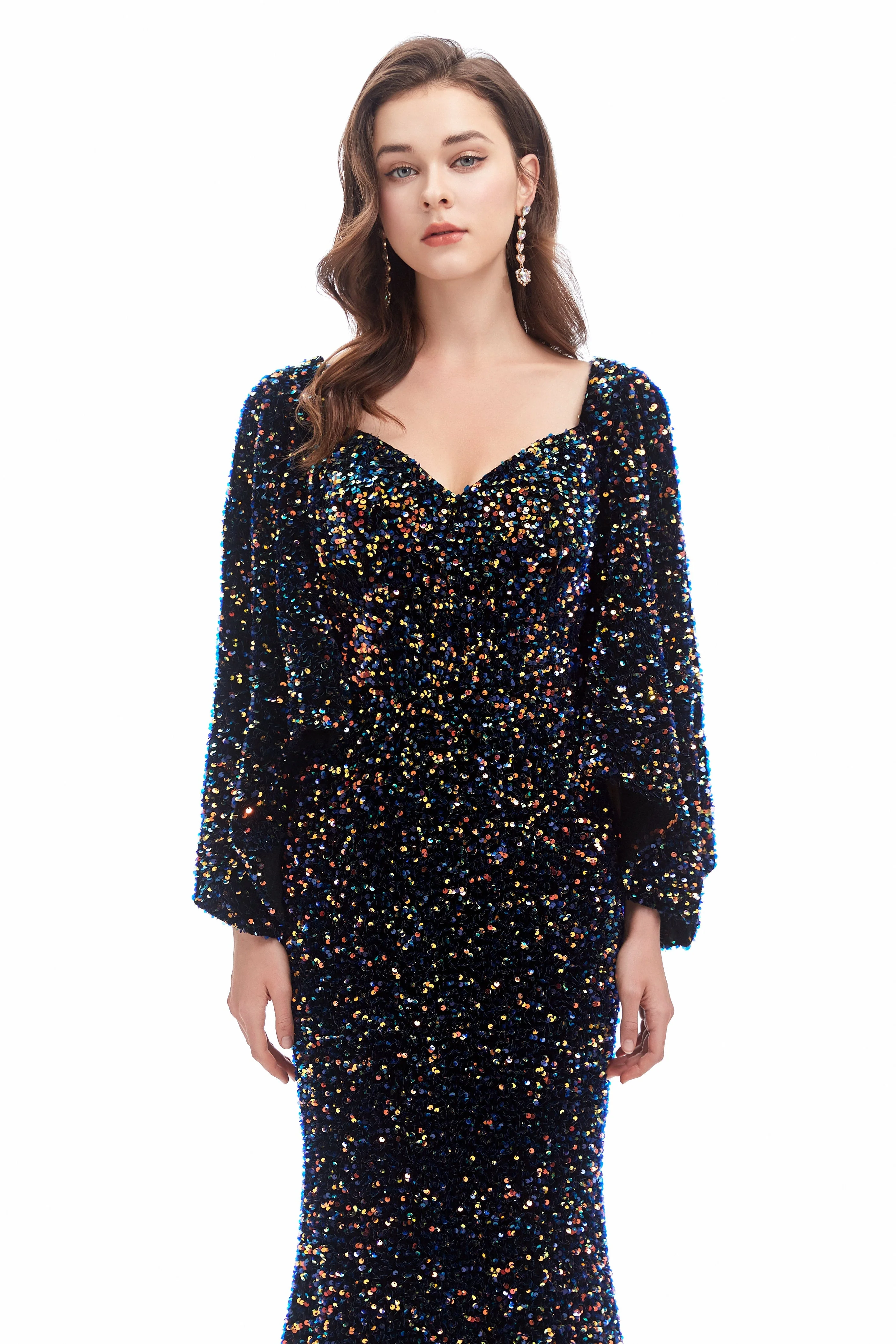 Mermaid V-neck Sequined Floor-length Long Sleeve Prom Dress - Image 6