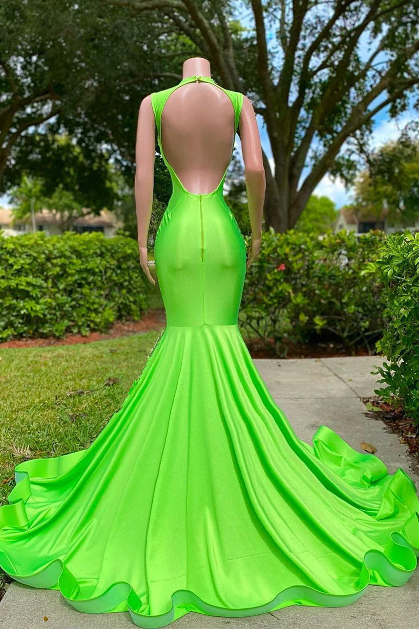 Mermaid V-neck Sequined Open Back Floor-length Sleeveless Lace Beading Prom Dress - Image 2