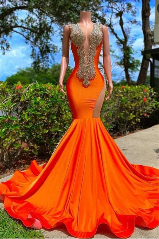 Mermaid V-neck Sequined Open Back Floor-length Sleeveless Lace Beading Prom Dress - Image 4