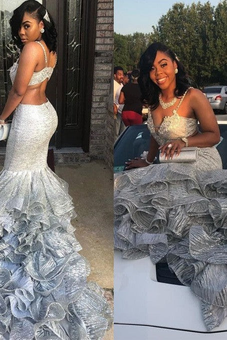 Mermaid V-neck Spaghetti Strap Backless Chapel Pleated Lotus Leaf Hem Prom Dress - Image 3