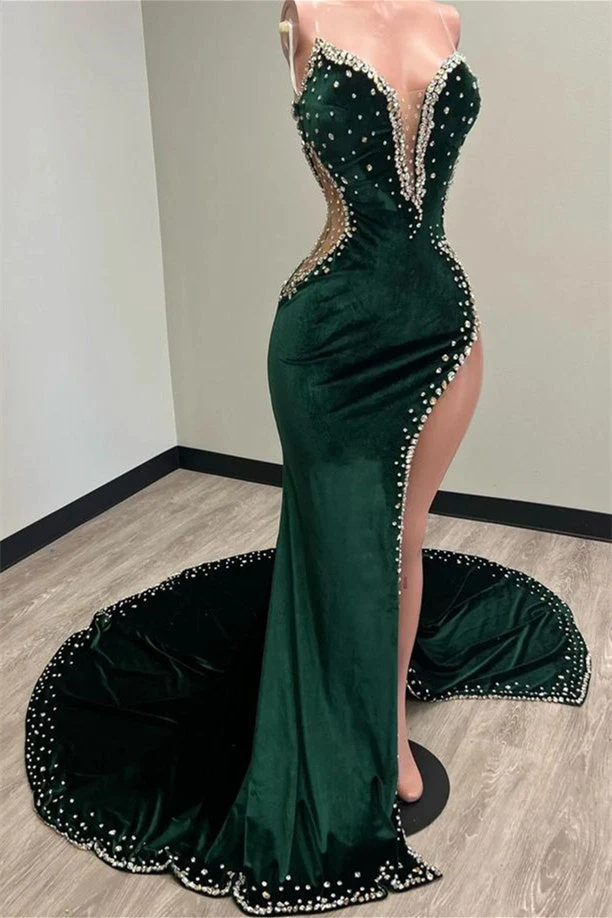 Mermaid V-neck Spaghetti strap Beaded High Split Floor-length Sleeveless Prom Dress - Image 3