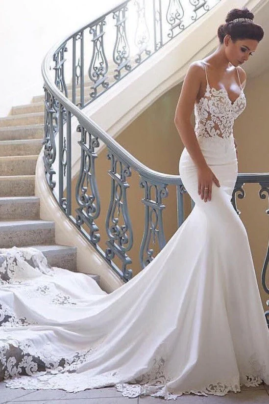 Mermaid V-neck Spaghetti Strap Chapel Chiffon Crochet Flower Wedding Dress - Image 3