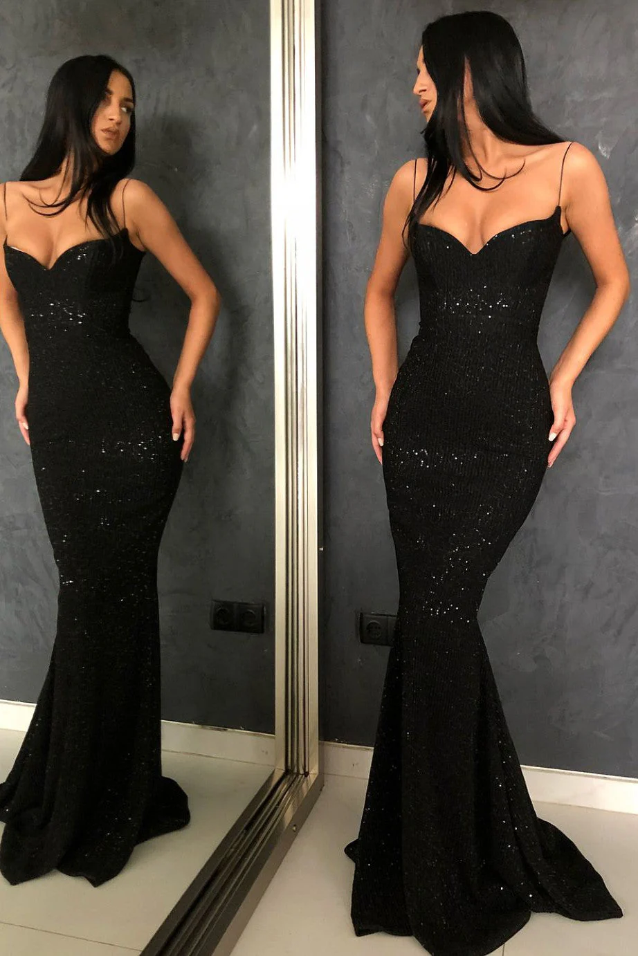 Mermaid V-neck Spaghetti Strap Floor Length Paillette Prom Dress - Image 6