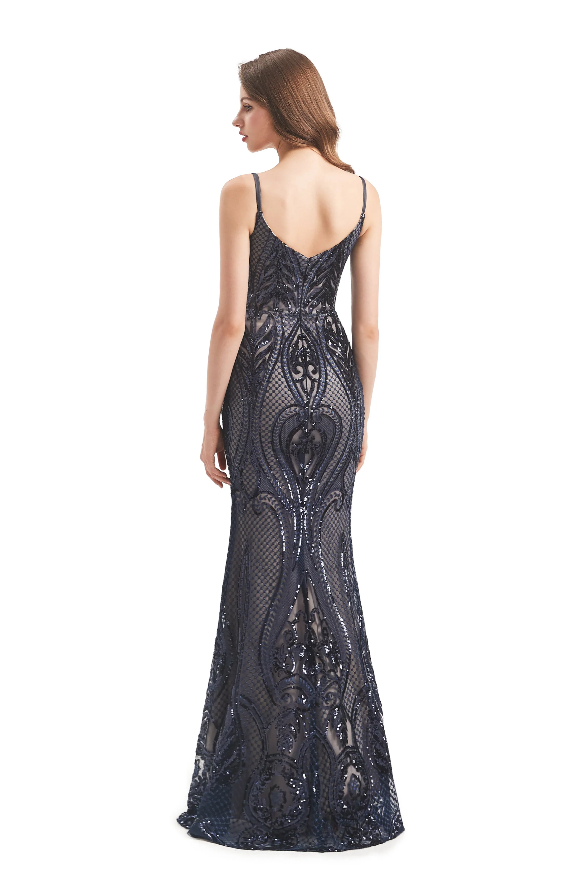 Mermaid V-neck Spaghetti strap Lace Sequined Floor-length Sleeveless Backless Prom Dress - Image 11