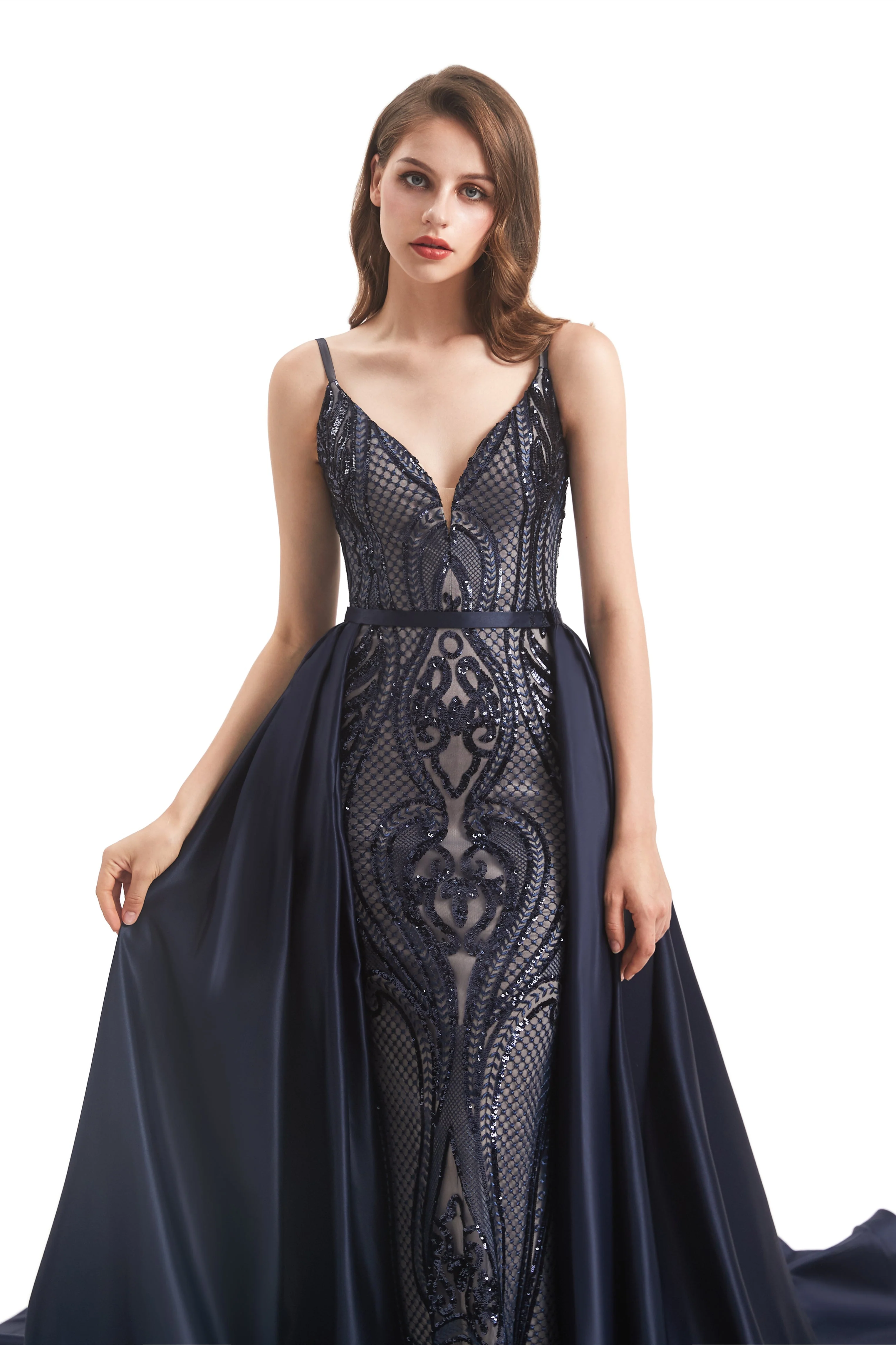 Mermaid V-neck Spaghetti strap Lace Sequined Floor-length Sleeveless Backless Prom Dress - Image 12