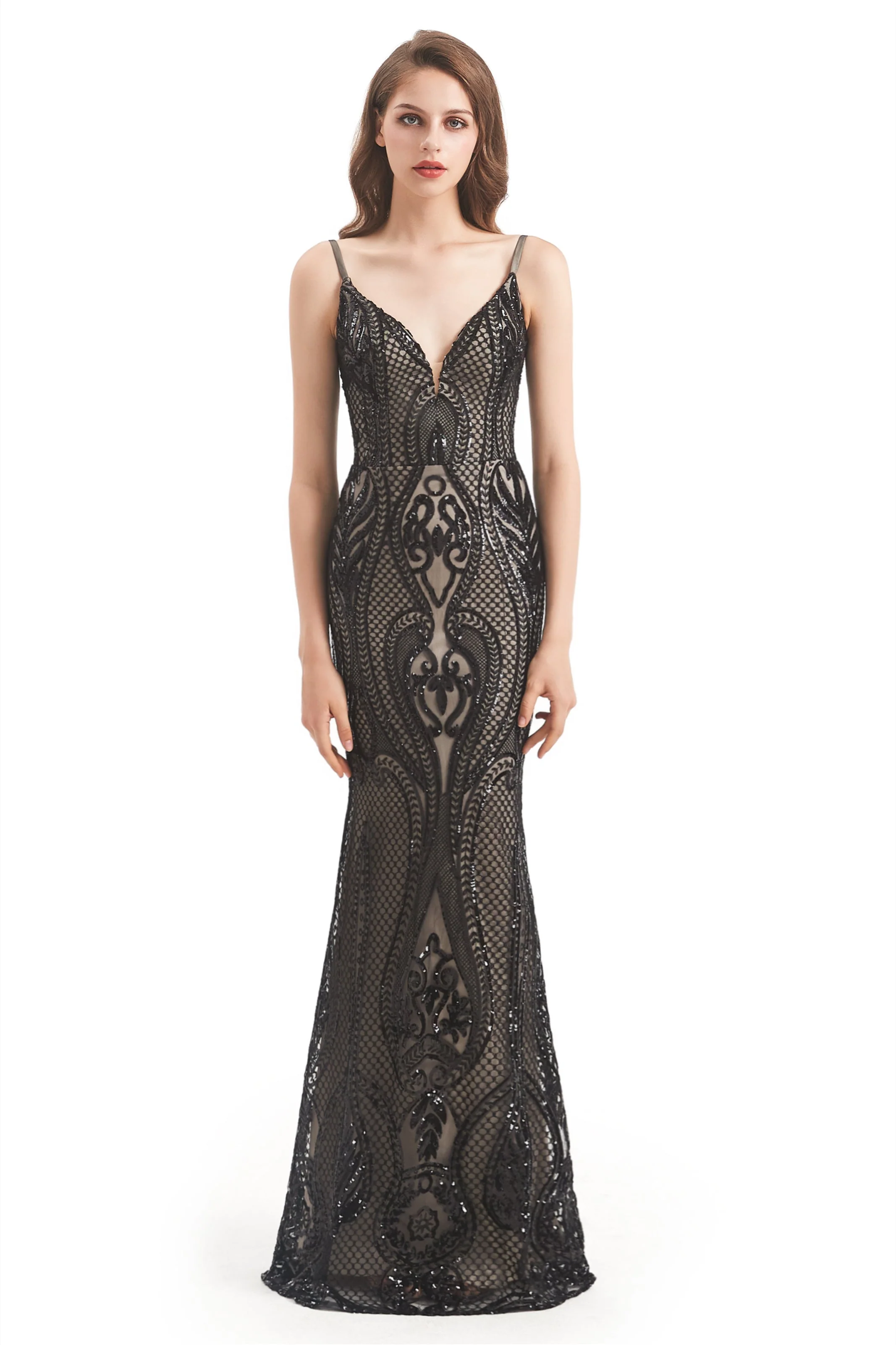 Mermaid V-neck Spaghetti strap Lace Sequined Floor-length Sleeveless Backless Prom Dress - Image 13