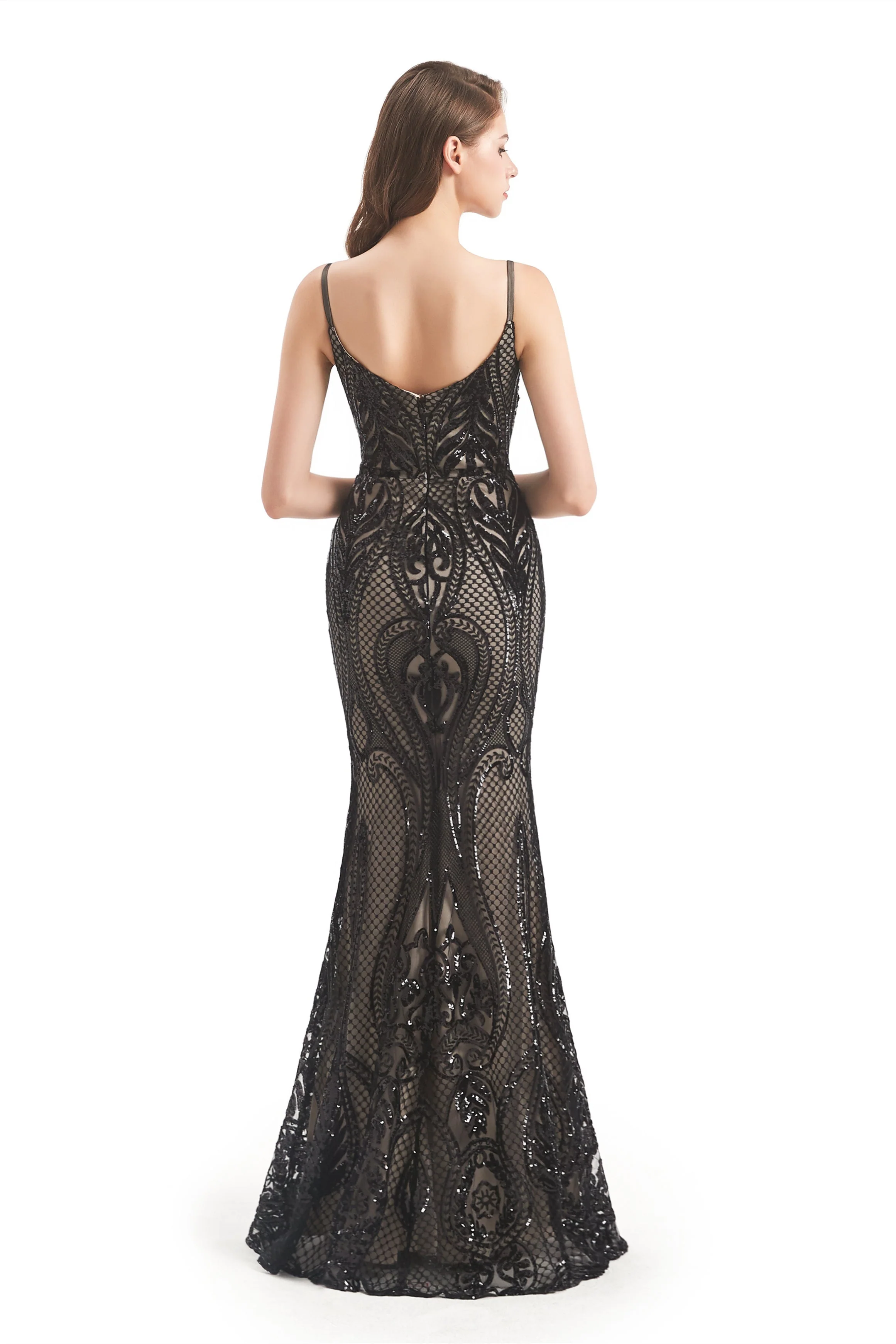 Mermaid V-neck Spaghetti strap Lace Sequined Floor-length Sleeveless Backless Prom Dress - Image 14
