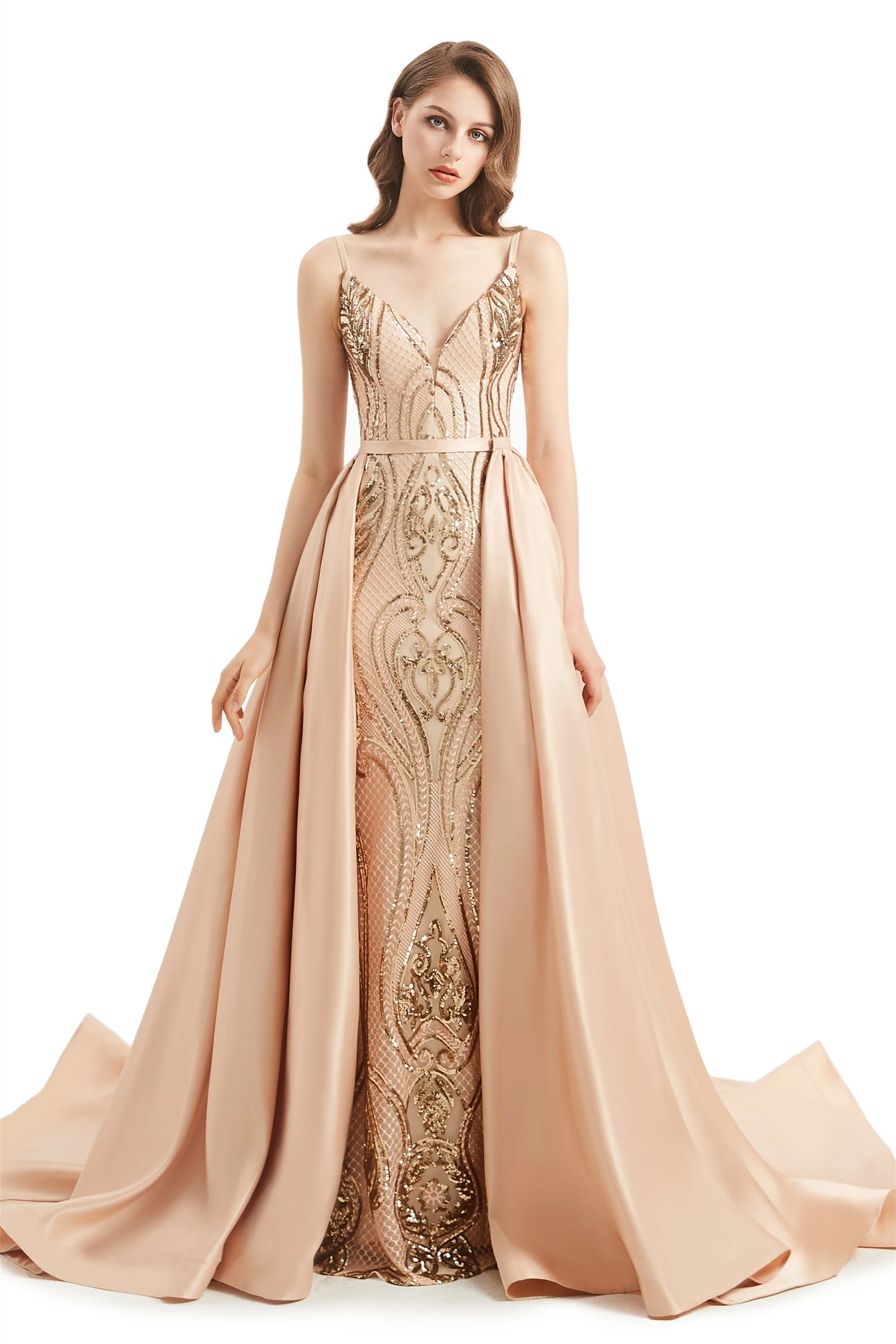 Mermaid V-neck Spaghetti strap Lace Sequined Floor-length Sleeveless Backless Prom Dress - Image 3