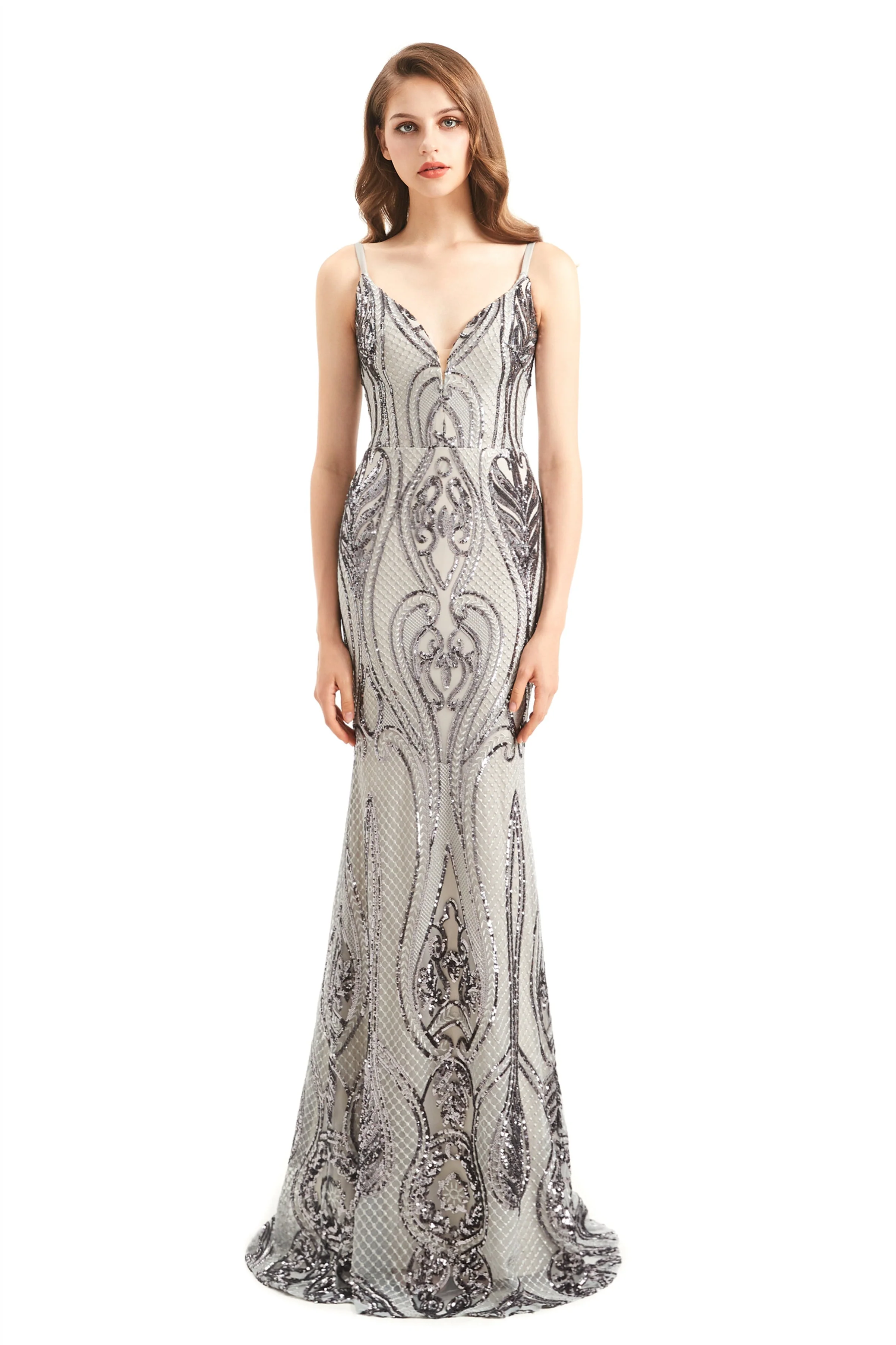 Mermaid V-neck Spaghetti strap Lace Sequined Floor-length Sleeveless Backless Prom Dress - Image 7