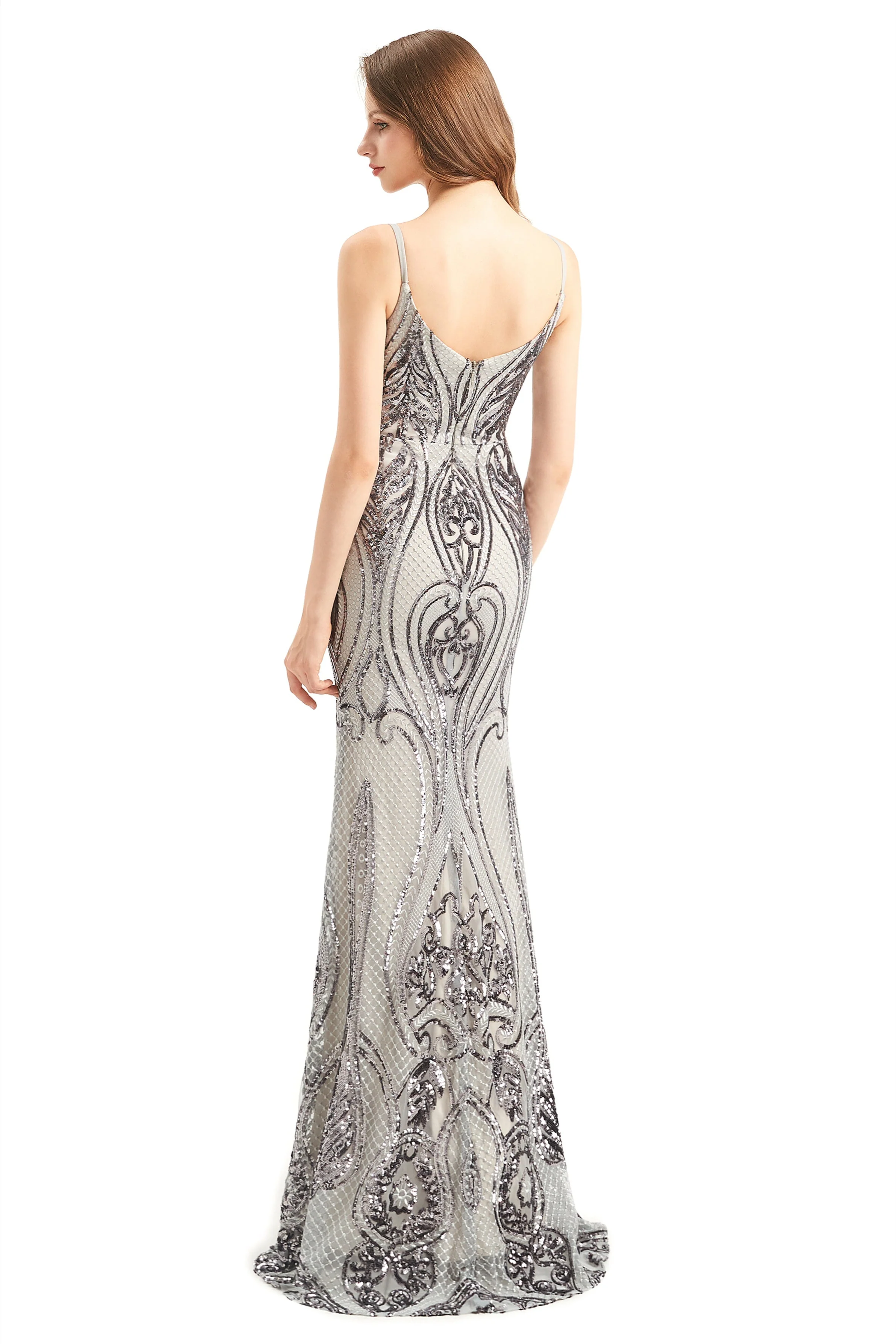 Mermaid V-neck Spaghetti strap Lace Sequined Floor-length Sleeveless Backless Prom Dress - Image 8