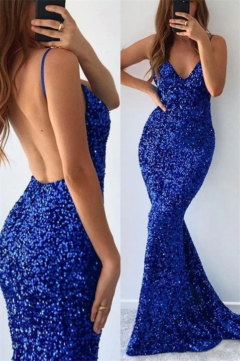 Mermaid V-neck Spaghetti Strap Sequined Floor-length Sleeveless Prom Dress - Image 2