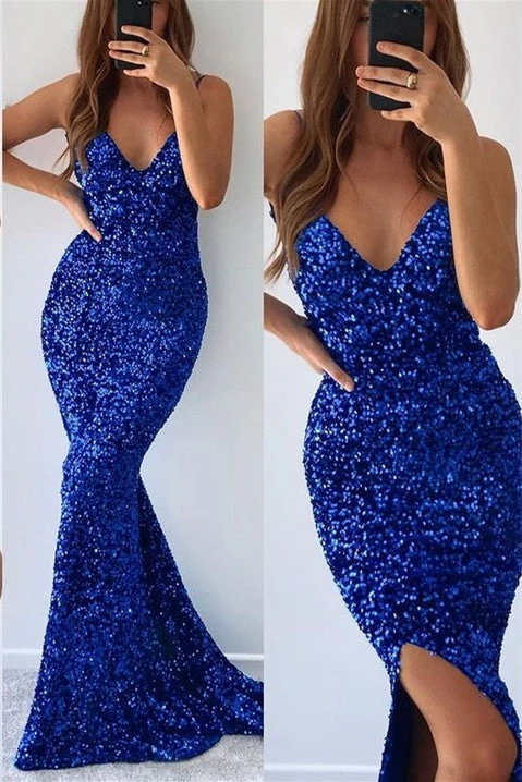 Mermaid V-neck Spaghetti Strap Sequined Floor-length Sleeveless Prom Dress - Image 3