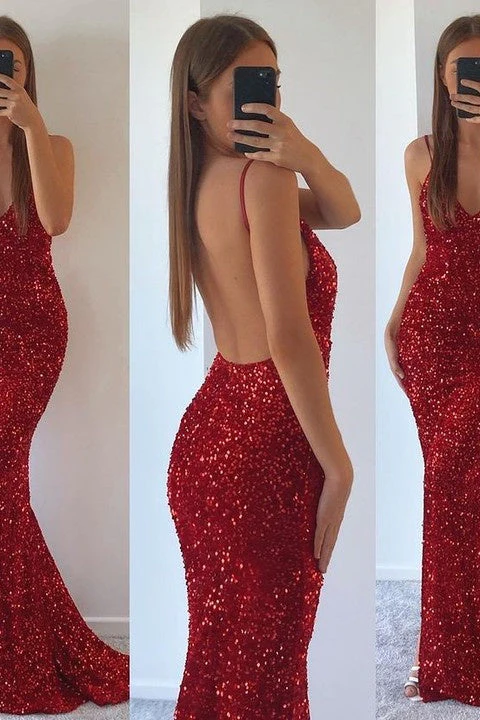 Mermaid V-neck Spaghetti Strap Sequined Floor-length Sleeveless Prom Dress - Image 4