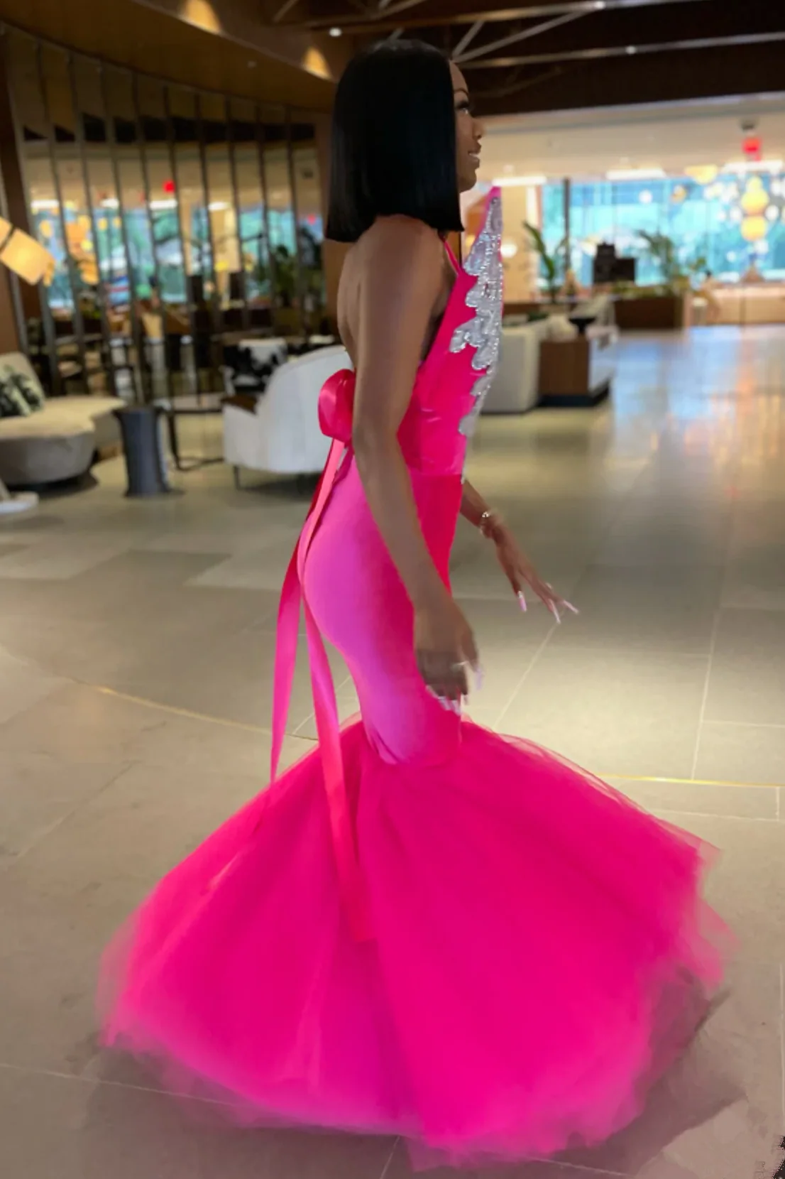 Mermaid V-Neck Staps Floor Length Sleeveless Backless Applique Ruffled Tulle Bowknot Prom Dress - Image 2