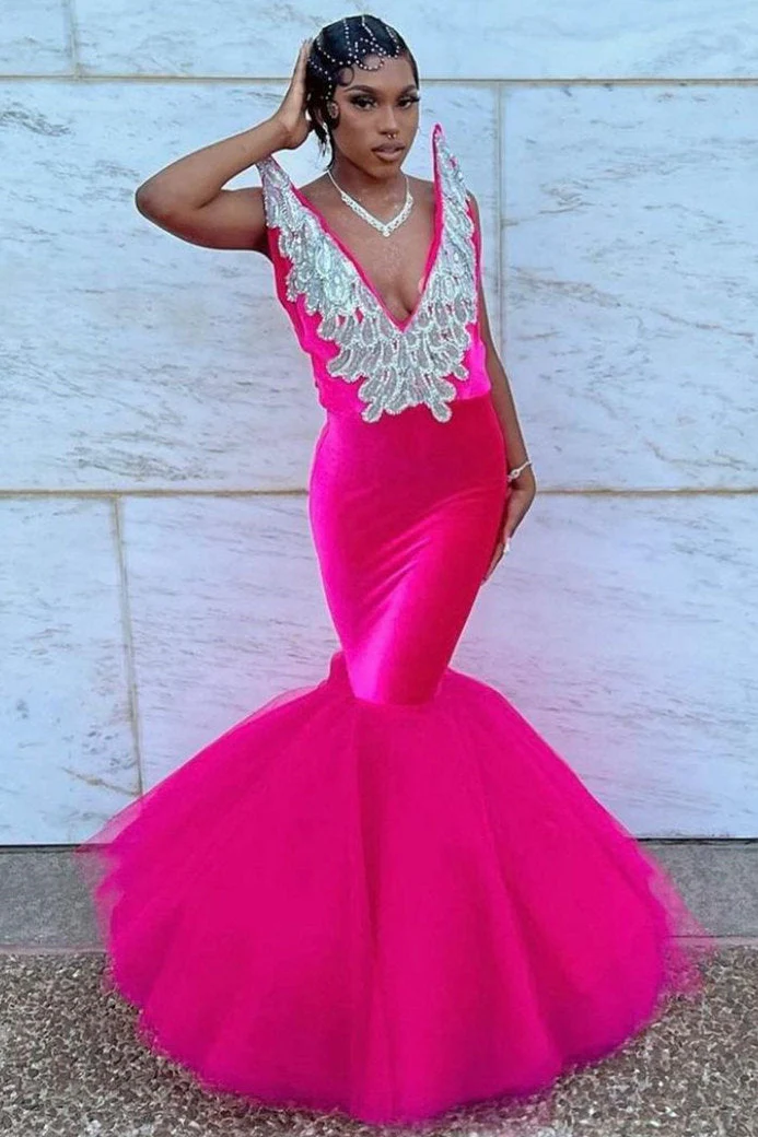 Mermaid V-Neck Staps Floor Length Sleeveless Backless Applique Ruffled Tulle Bowknot Prom Dress - Image 3