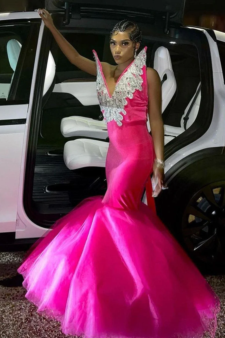 Mermaid V-Neck Staps Floor Length Sleeveless Backless Applique Ruffled Tulle Bowknot Prom Dress - Image 5