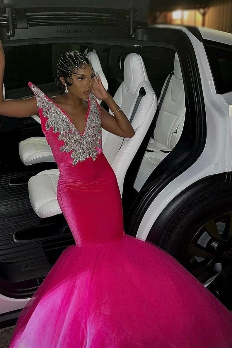 Mermaid V-Neck Staps Floor Length Sleeveless Backless Applique Ruffled Tulle Bowknot Prom Dress - Image 6