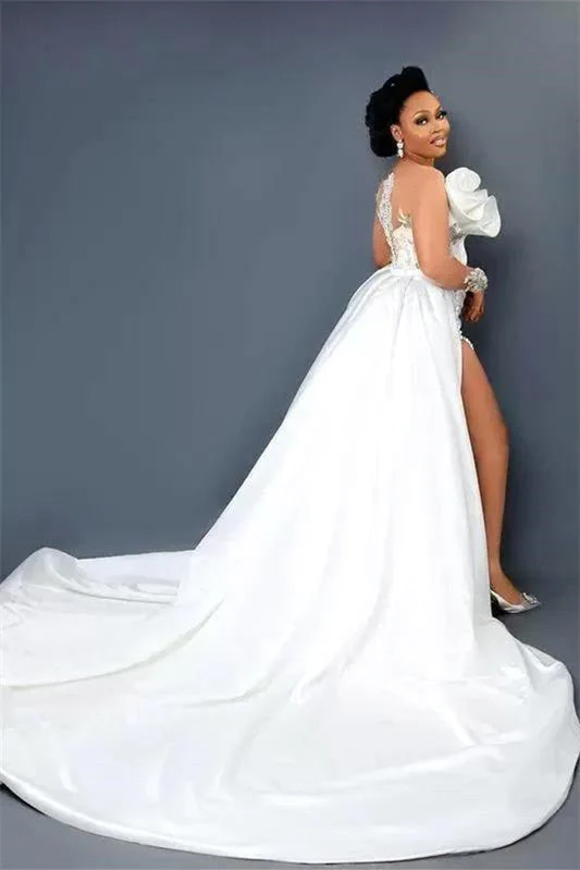 Mermaid V-neck Strapless High Split Applique Floor-length Long Sleeve Flower Wedding Dress - Image 2