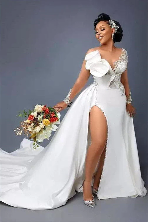 Mermaid V-neck Strapless High Split Applique Floor-length Long Sleeve Flower Wedding Dress - Image 3