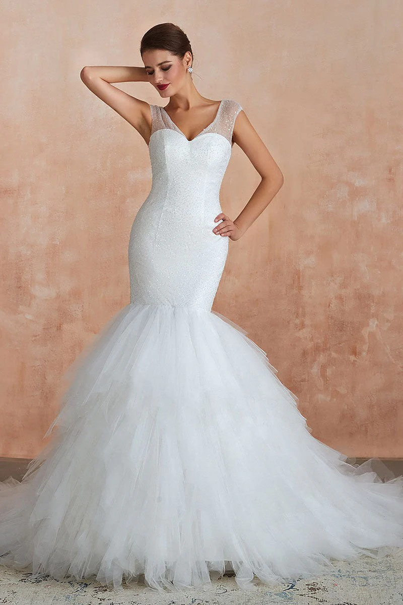 Mermaid Wedding Dress Beaded Chic V-Neck Sleeveless Bridal Gowns With Train - Image 2