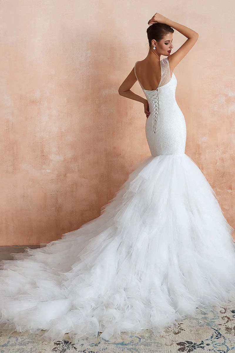 Mermaid Wedding Dress Beaded Chic V-Neck Sleeveless Bridal Gowns With Train - Image 3