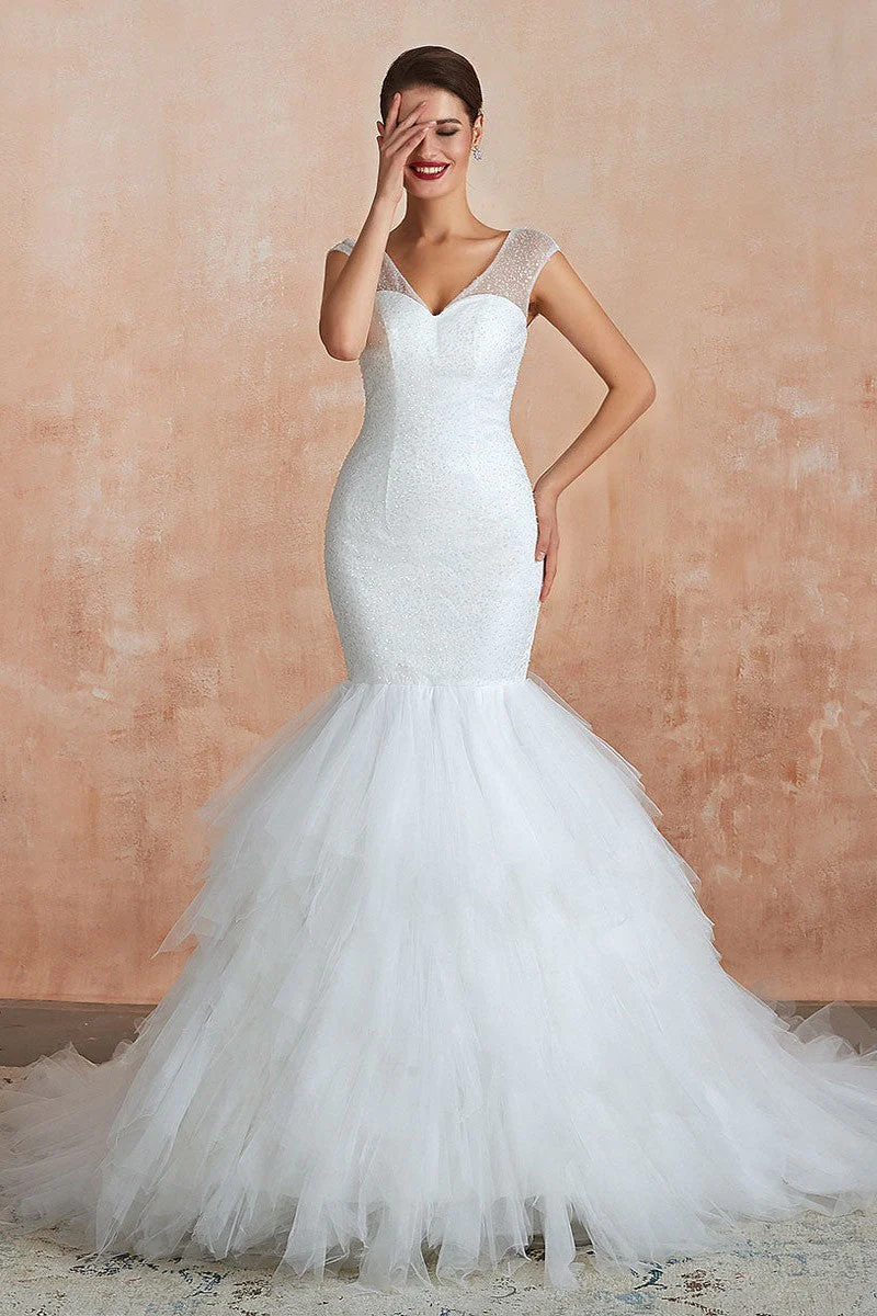 Mermaid Wedding Dress Beaded Chic V-Neck Sleeveless Bridal Gowns With Train - Image 5