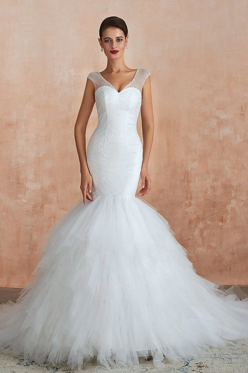 Mermaid Wedding Dress Beaded Chic V-Neck Sleeveless Bridal Gowns With Train - Image 6