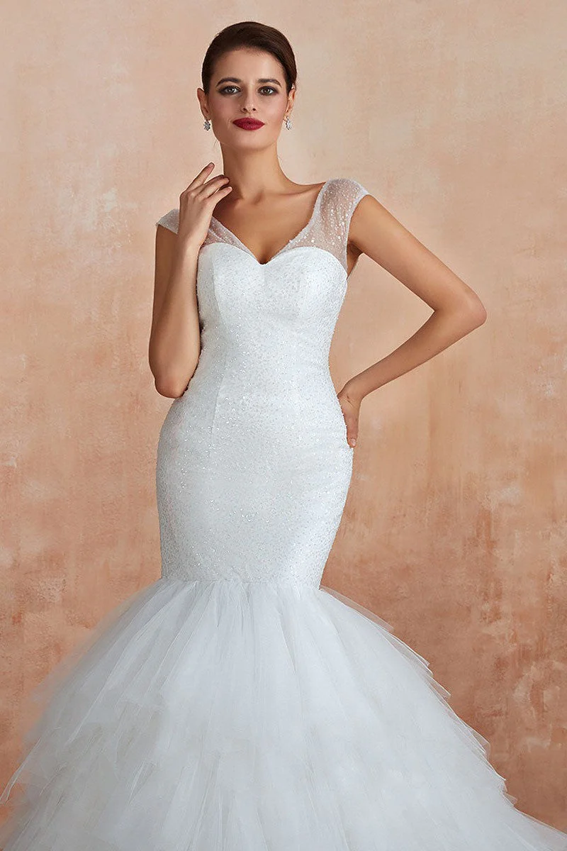 Mermaid Wedding Dress Beaded Chic V-Neck Sleeveless Bridal Gowns With Train - Image 7