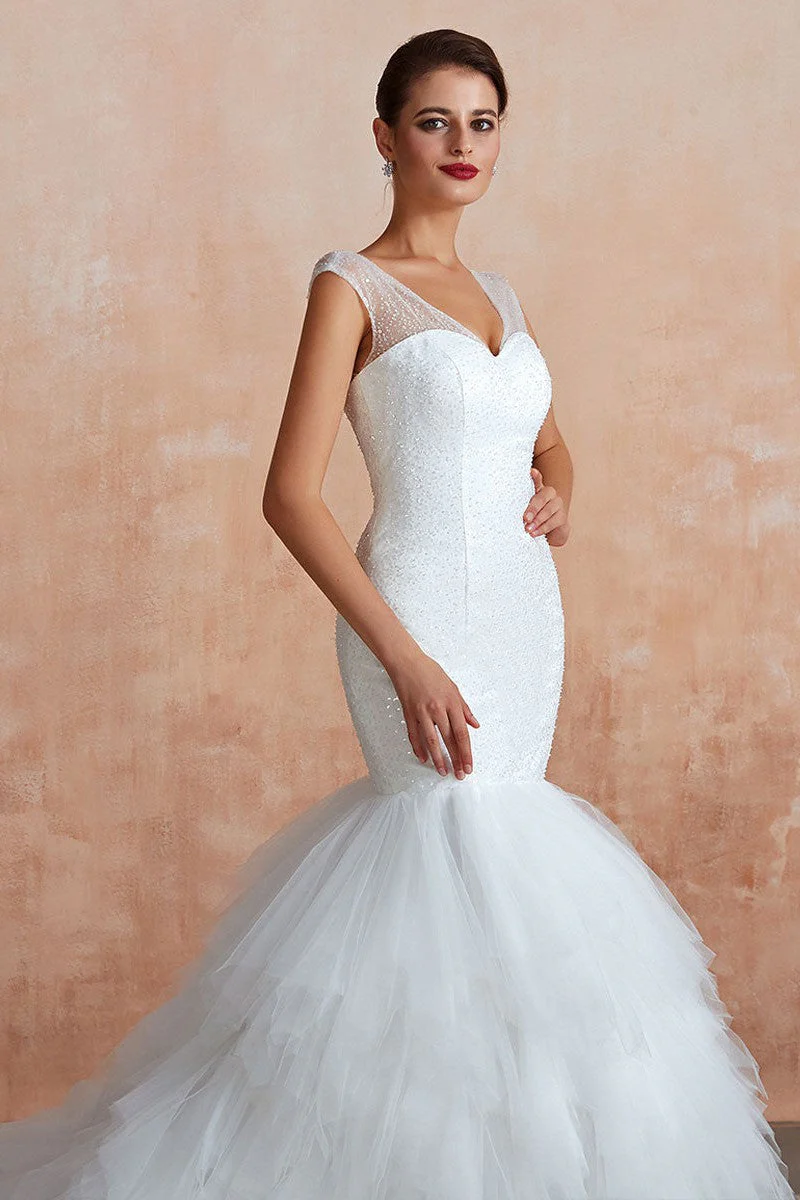 Mermaid Wedding Dress Beaded Chic V-Neck Sleeveless Bridal Gowns With Train - Image 8
