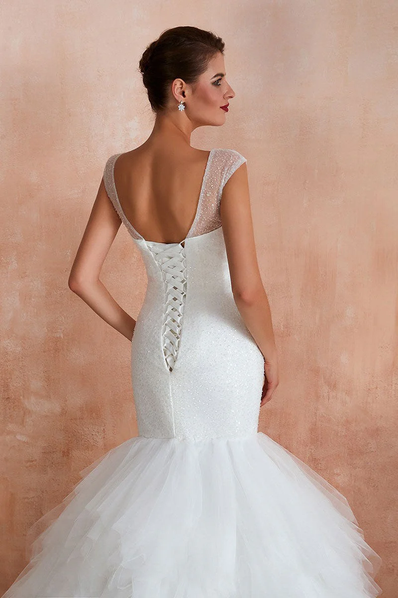 Mermaid Wedding Dress Beaded Chic V-Neck Sleeveless Bridal Gowns With Train - Image 9