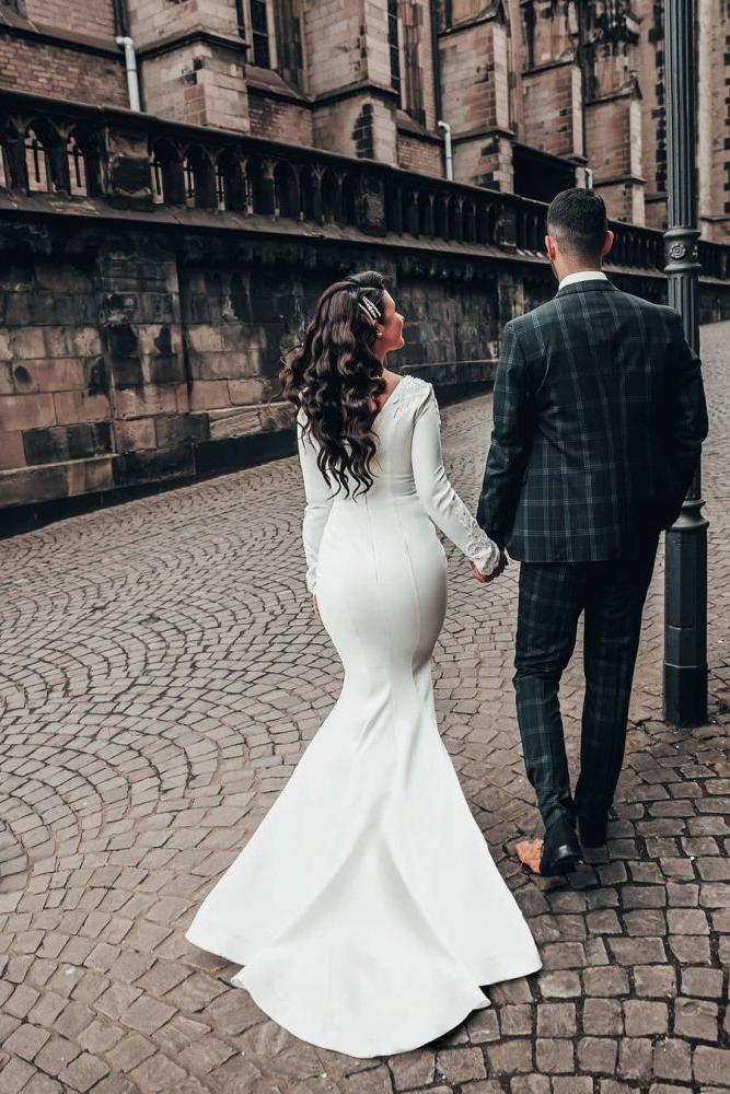 Mermaid Wedding Dress Long Sleeves Satin Bridal Gowns - Image 3