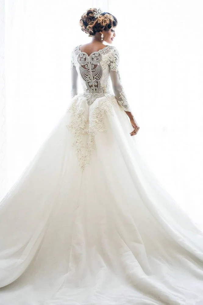 Mermaid Wedding Dresses with Trendy Overskirt Beads Lace Appliques Long Sleeves Bridal Gowns - Image 2