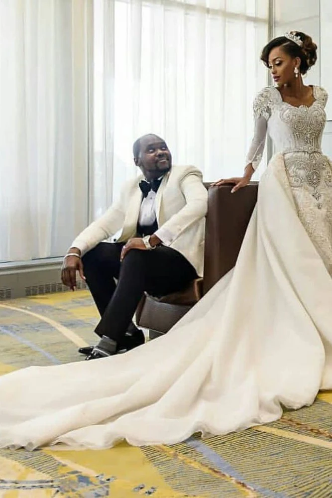 Mermaid Wedding Dresses with Trendy Overskirt Beads Lace Appliques Long Sleeves Bridal Gowns - Image 3