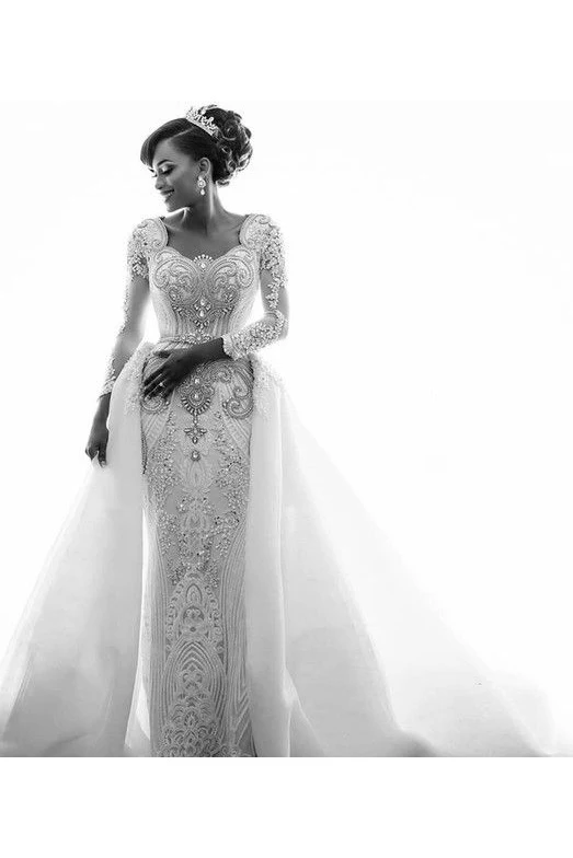 Mermaid Wedding Dresses with Trendy Overskirt Beads Lace Appliques Long Sleeves Bridal Gowns - Image 4