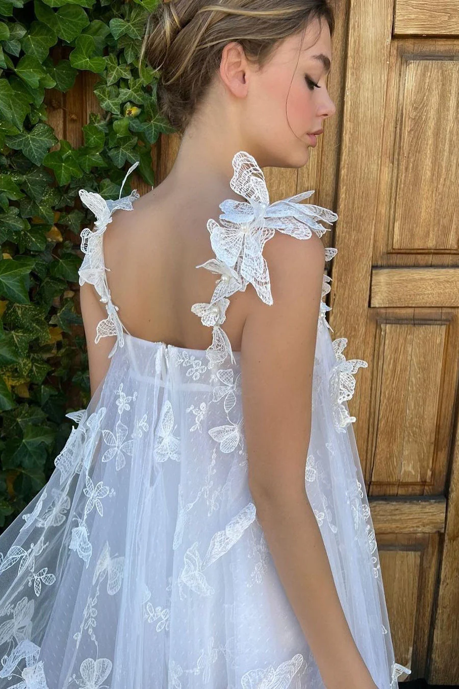 Mini Empire Spaghetti strap Sweetheart Sleeveless Lace Puffy Flowers Wedding Dress - Image 2