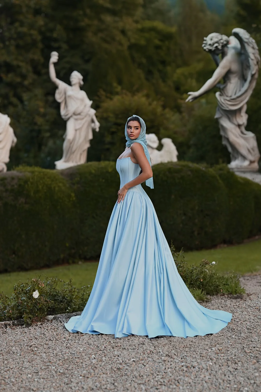 Minimalist Sky Blue Strapless Sleeveless Satin Prom Dresses A-Line Long With Pleats - Image 2