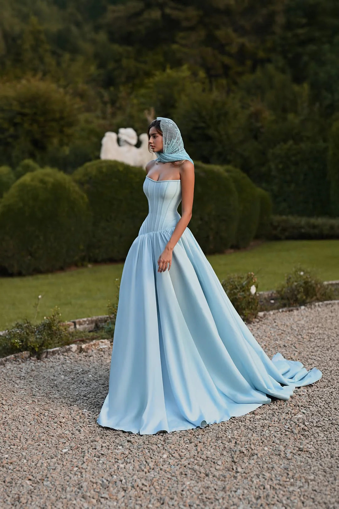 Minimalist Sky Blue Strapless Sleeveless Satin Prom Dresses A-Line Long With Pleats - Image 3