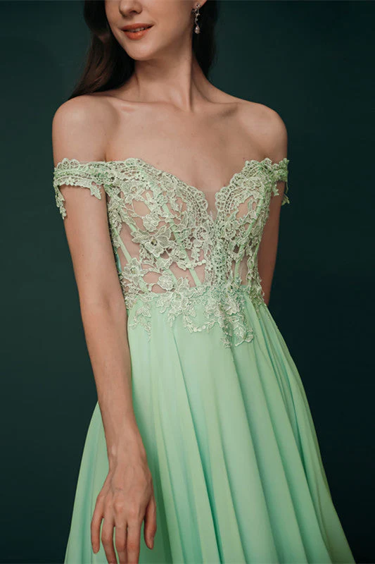Mint Green Chiffon See-through Off-the-shoulder Lace Evening Dress - Image 3
