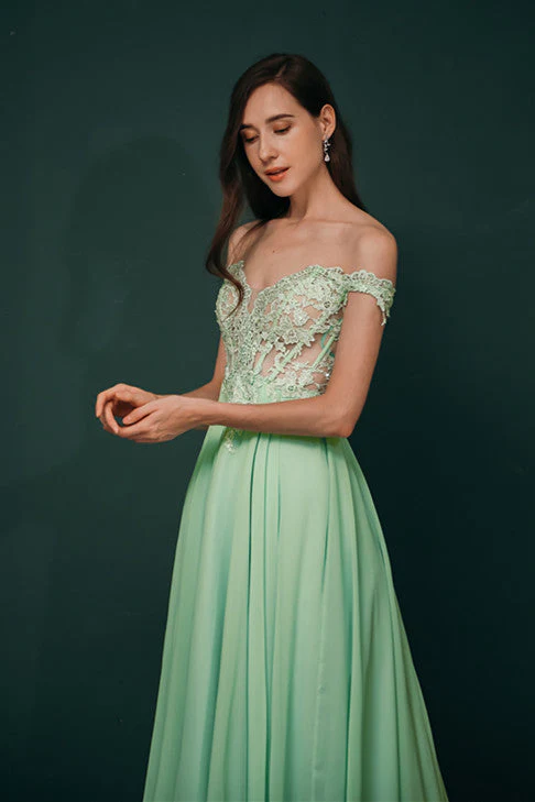 Mint Green Chiffon See-through Off-the-shoulder Lace Evening Dress - Image 5