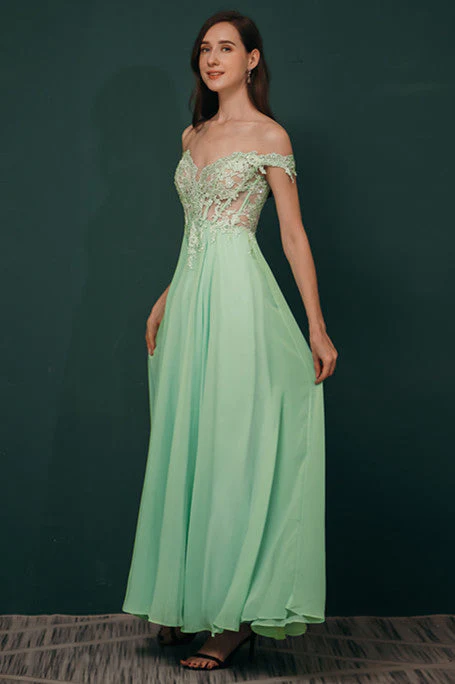 Mint Green Chiffon See-through Off-the-shoulder Lace Evening Dress - Image 6