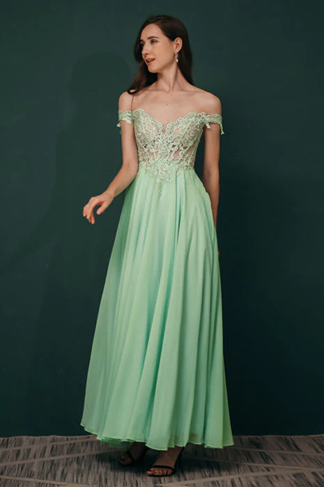 Mint Green Chiffon See-through Off-the-shoulder Lace Evening Dress - Image 7