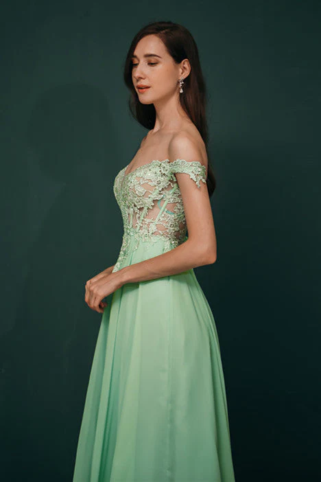 Mint Green Chiffon See-through Off-the-shoulder Lace Evening Dress - Image 8