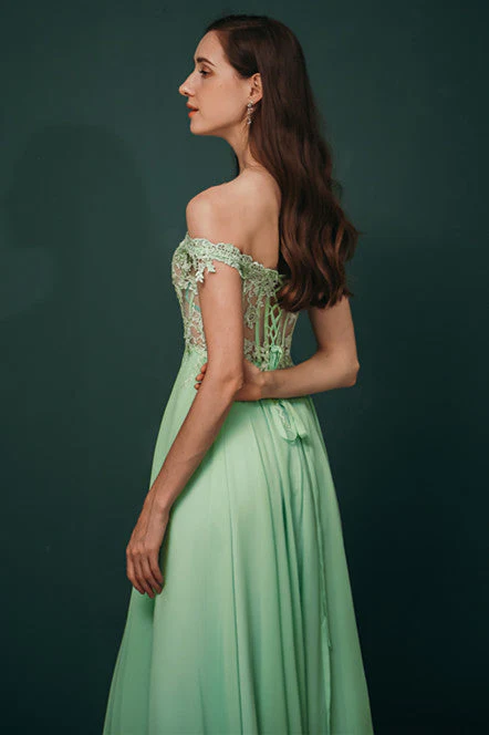 Mint Green Chiffon See-through Off-the-shoulder Lace Evening Dress - Image 9