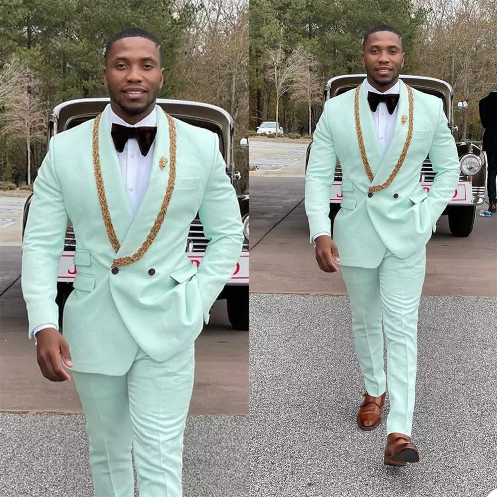 Mint Green Fashion Shawl Lapel Double Breasted Wedding Suits with Appliques - Image 2