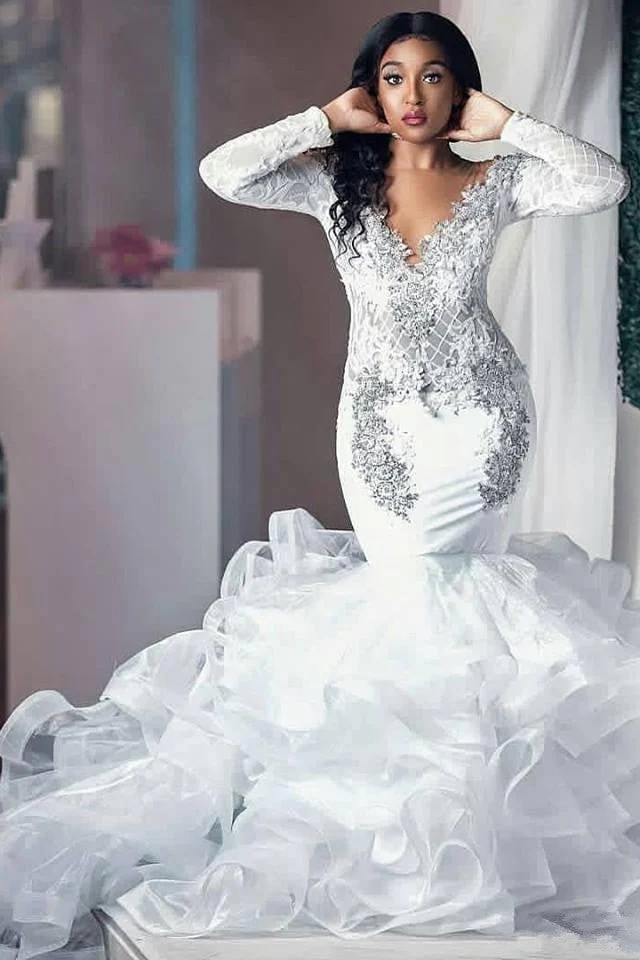Modern Beading Appliques Wedding Dresses Long Sleeves Mermaid Tulle Bridal Gowns - Image 2