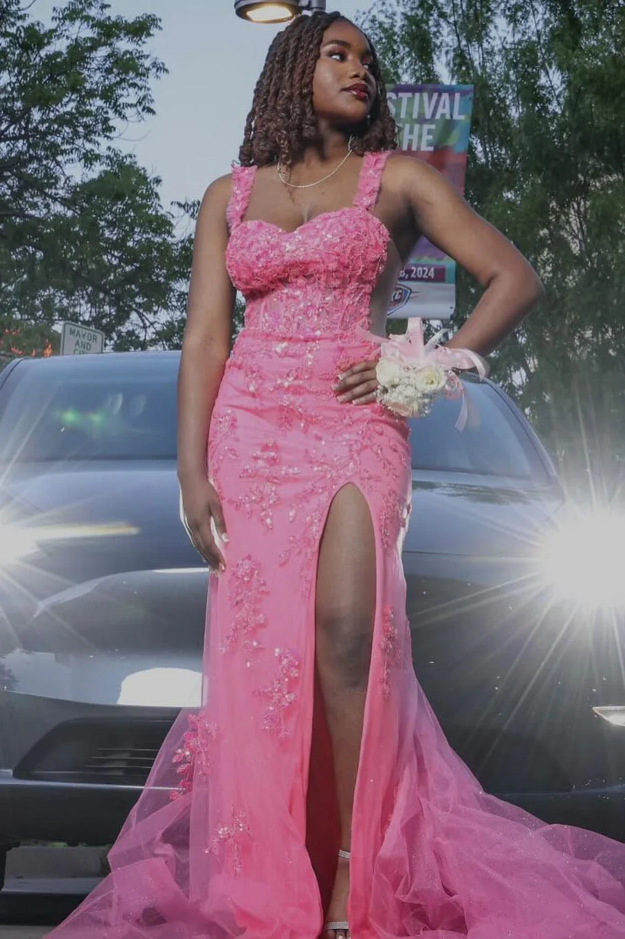 Modern Candy Pink Straps Tulle Appliques Side Slit Prom Dress - Image 3